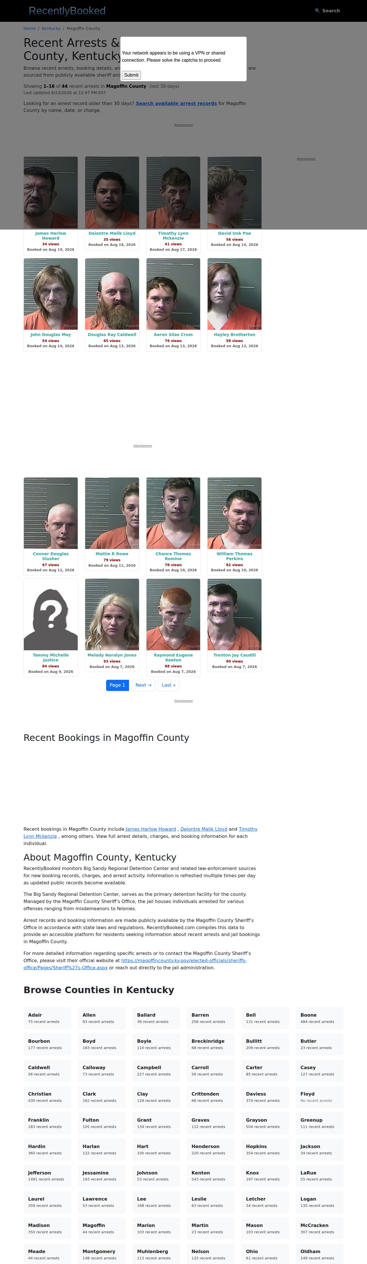 Unofficial RecentlyBooked Magoffin County busted booking records page